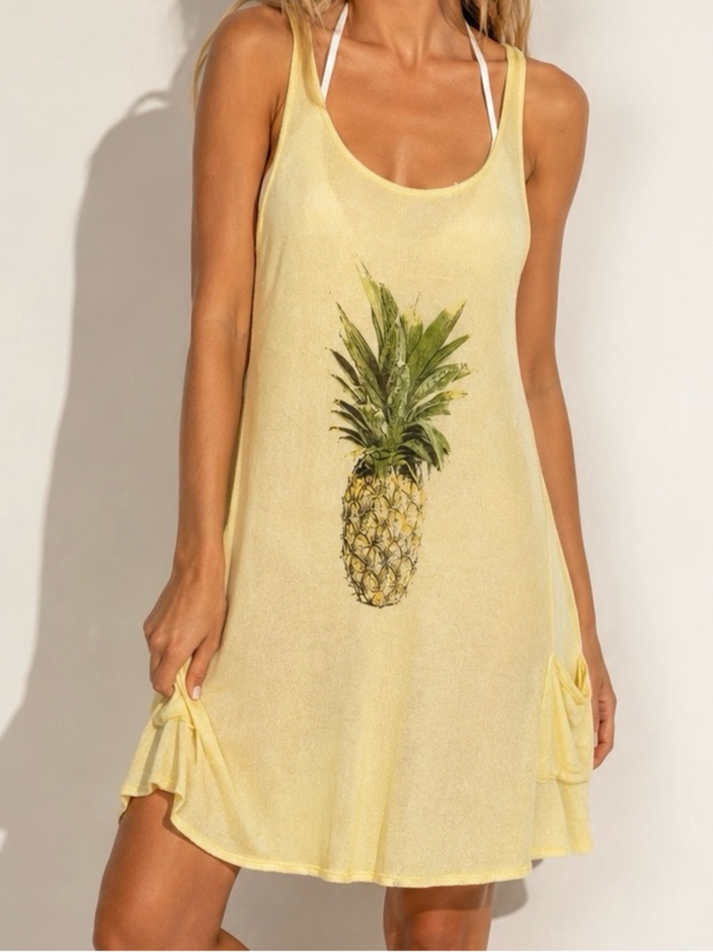 Wildfox Tropical Pineapple Swim Cover Up Dress Yellow Gauzy Stretchy Tank L